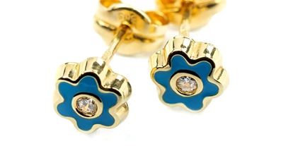 Händler - Produkt-Kategorie: Schmuck und Uhren - Achau - Blaue Blumen Kinderohrringe aus Gelbgold - TomCrow Jewellery