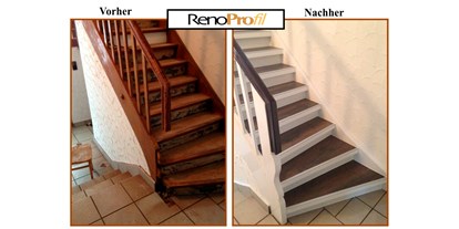 Händler - Steiermark - Treppenrverkleidung leicht gemacht. Hier sehen Sie Vorher und Nachher Bilder einer in die Jahre gekommen Treppe welche mit unseren STANDARD 8,5 Treppenkantenprofilen und Laminat in 8 mm Stärke neu belegt wurde. - RenoShop Renovierungssysteme
