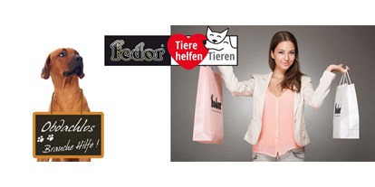Händler - Unternehmens-Kategorie: Großhandel - PLZ 8234 (Österreich) - Das Bild zeigt eine Frau mit zwei Einkaufstaschen in Ihren Händen. Daneben sitzt ein großer brauner Hund, der um seinen Hals eine Tafel trägt. Darauf steh geschrieben „Obdachlos – brauche dringend Hilfe!“  - Fedor® Tiernahrung