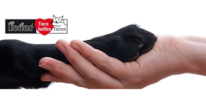 Händler - überwiegend regionale Produkte - Hartensdorf - Das Bild zeigt eine Hundepfote in einer Menschenhand gehalten. Daneben das Logo des Charity-Projekts von Fedor® Tieren helfen Tieren! - Fedor® Tiernahrung