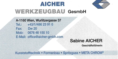 Händler - überwiegend selbstgemachte Produkte - Wien Floridsdorf - Aicher Werkzeugbau 
1160 Wien
office@aicher-gmbh.com  - AICHER WERKZEUGBAU 