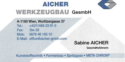 Händler - Produkt-Kategorie: Auto und Motorrad - Wien-Stadt Döbling - Aicher Werkzeugbau 
1160 Wien
office@aicher-gmbh.com  - AICHER WERKZEUGBAU 