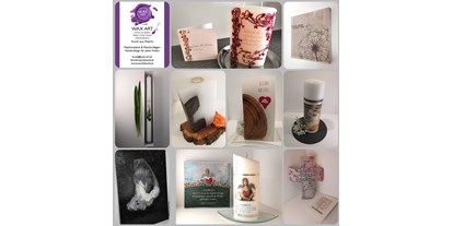 Händler - Niederösterreich - Wax Art - macht aus deinen Ideen/Fotos/Texten Erinnerungen/Geschenke aus Wachs
Wachsmalerei, Wachscollagen, Kerzen mit Holz, Kerzendesign für jeden Anlass - Wax Art