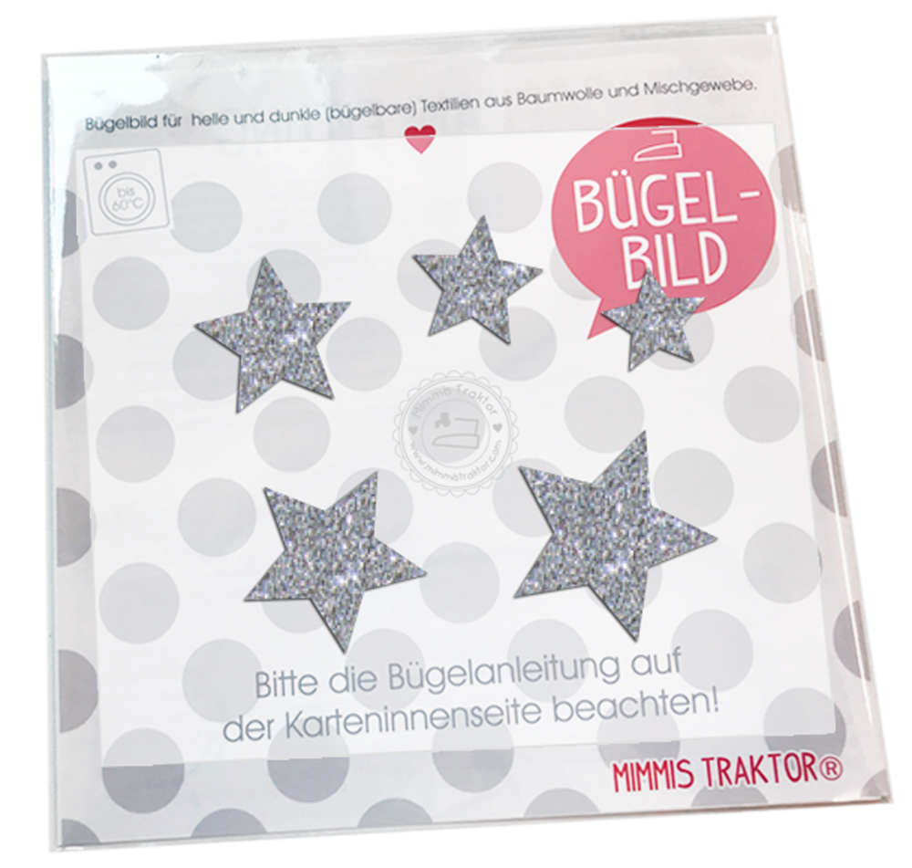Mimmis Traktor. Bügelbilder für Kinder und Erwachsene. Das Handmade-Label aus Österreich Produkt-Beispiele Bügelbild 5 GLITZER Sterne, Aktionspreis! Sterne in verschiedenen Größen 4 cm bis 2 cm