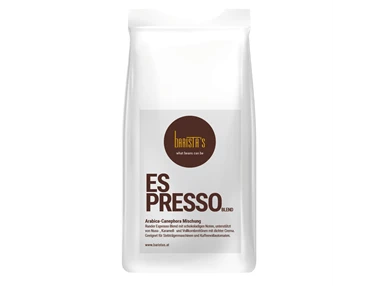 Unternehmen: Runder Espresso Blend mit schokoladigen Noten, unterstützt von Nuss- , Karamell- und Vollkornbrottönen mit dichter Crema. Geeignet für Siebträgermaschinen und Kaffeevollautomaten. - Barista’s Kaffee