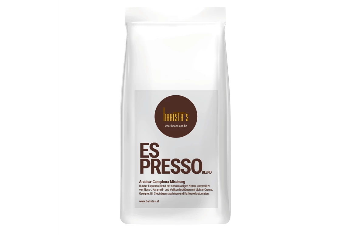 Unternehmen: Runder Espresso Blend mit schokoladigen Noten, unterstützt von Nuss- , Karamell- und Vollkornbrottönen mit dichter Crema. Geeignet für Siebträgermaschinen und Kaffeevollautomaten. - Barista’s Kaffee