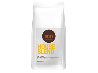 Unternehmen: Houseblend 100% Arabica, Runder Blend mit Milchschokoladenoten, unterstützt von Nuss- und Karamellnoten sowie zarten Orangenaromen. - Barista’s Kaffee