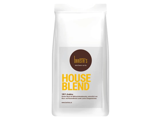 Unternehmen: Houseblend 100% Arabica, Runder Blend mit Milchschokoladenoten, unterstützt von Nuss- und Karamellnoten sowie zarten Orangenaromen. - Barista’s Kaffee