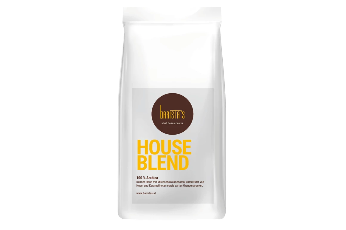 Unternehmen: Houseblend 100% Arabica, Runder Blend mit Milchschokoladenoten, unterstützt von Nuss- und Karamellnoten sowie zarten Orangenaromen. - Barista’s Kaffee