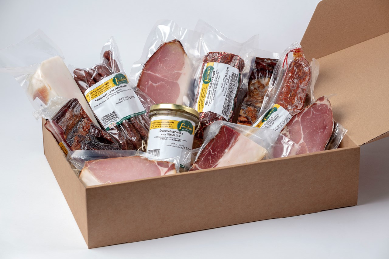 Feichti´s Bauernspeck GmbH. Produkt-Beispiele Verschiedene Genussboxen 