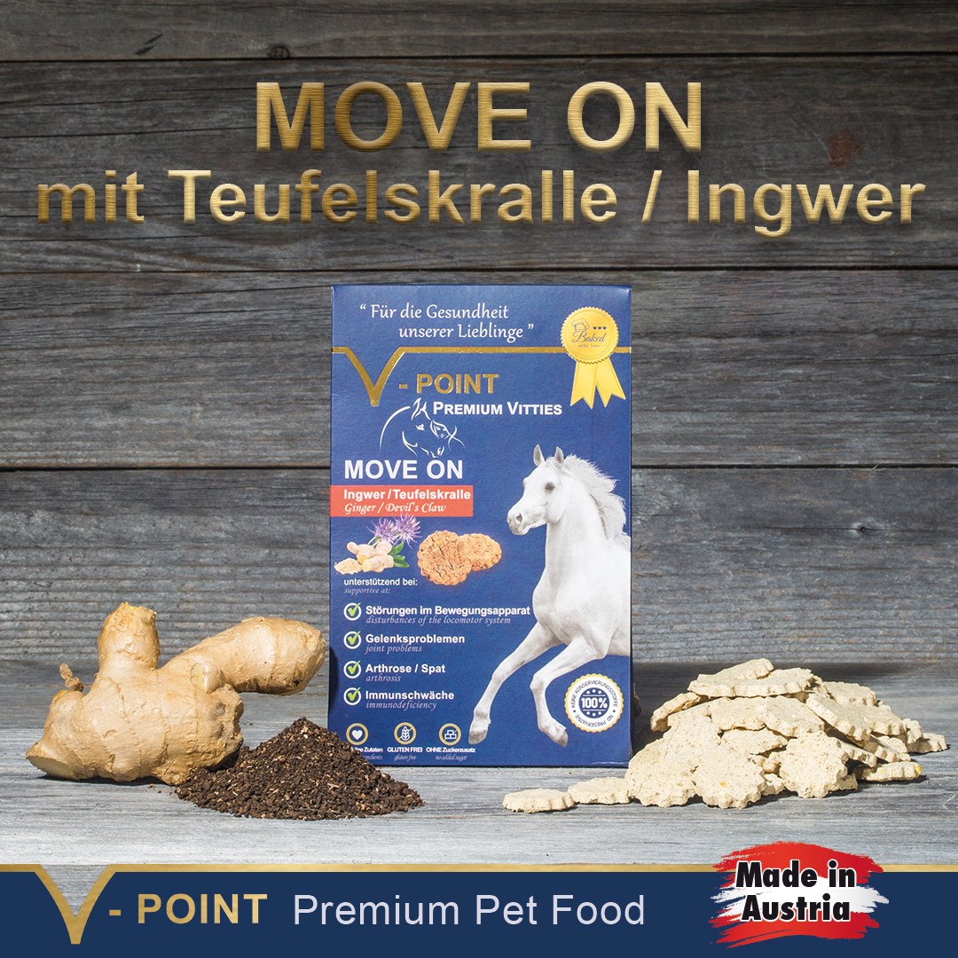 V-POINT premium pet food GmbH Produkt-Beispiele V-POINT Belohnungs-Snack PLUS - MOVE ON – Ingwer/Teufelskralle zur Unterstützung Gelenkproblemen