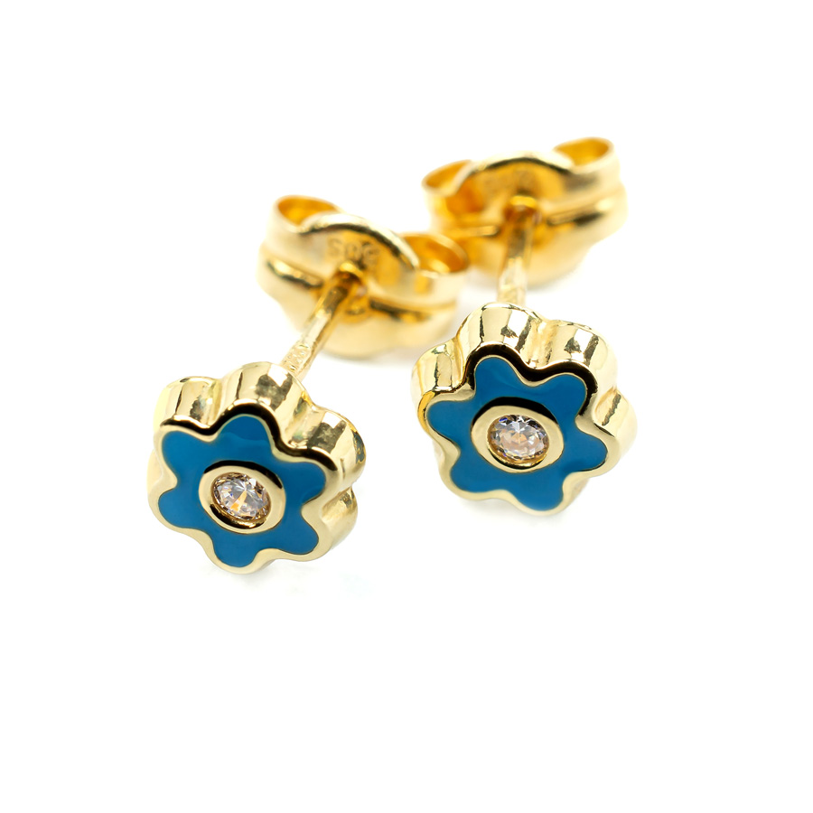 Unternehmen: Blaue Blumen Kinderohrringe aus Gelbgold - TomCrow Jewellery