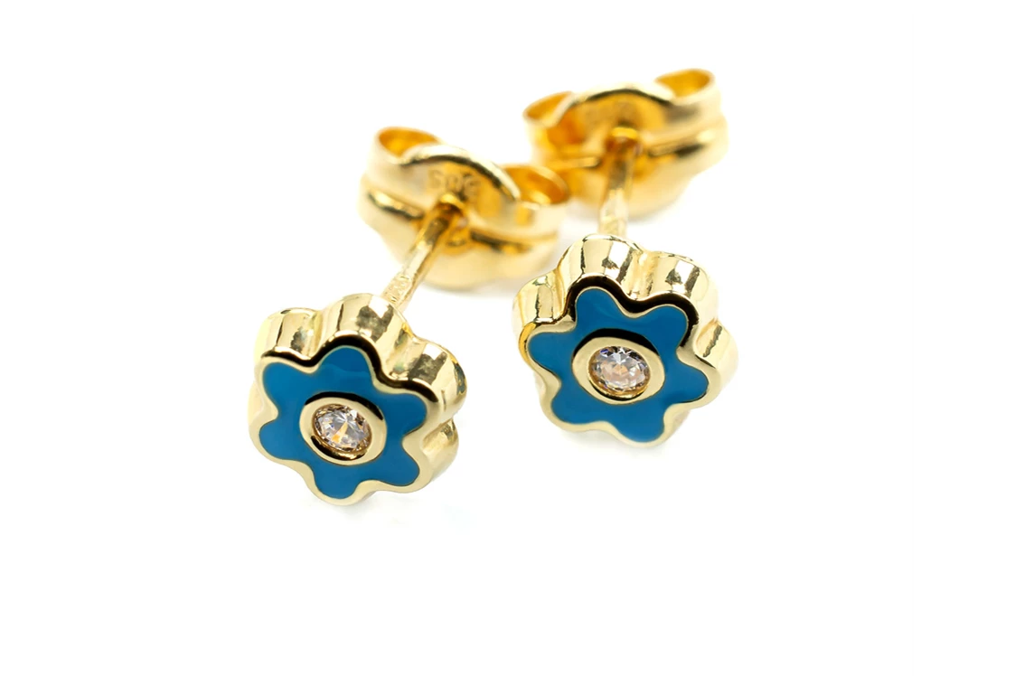 Unternehmen: Blaue Blumen Kinderohrringe aus Gelbgold - TomCrow Jewellery
