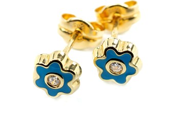 Unternehmen: Blaue Blumen Kinderohrringe aus Gelbgold - TomCrow Jewellery