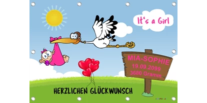 Händler - Gleisdorf - Banner zur Geburt und Geburtsbanner sind neben den Babystörchen aus Holz eine beliebte Möglichkeit den neuen Erdenbürger Wilkommen zu heißen. Hier als Beispiel ein Banner für ein Mädchen. - Sweet-Prints.at