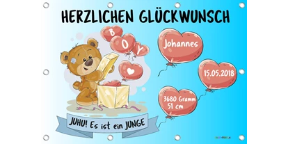 Händler - Gleisdorf - Banner zur Geburt und Geburtsbanner sind neben den Babystörchen aus Holz eine beliebte Möglichkeit den neuen Erdenbürger Wilkommen zu heißen. Hier als Beispiel ein Banner für einen Jungen - Sweet-Prints.at
