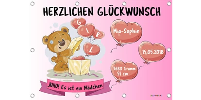 Händler - Gleisdorf - Banner zur Geburt und Geburtsbanner sind neben den Babystörchen aus Holz eine beliebte Möglichkeit den neuen Erdenbürger Wilkommen zu heißen. Hier als Beispiel ein Banner für ein Mädchen. - Sweet-Prints.at