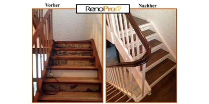Händler - Gleisdorf - Treppenrenovierung leicht gemacht. Hier sehen Sie Vorher und Nachher Bilder einer in die Jahre gekommen Treppe welche mit unseren STANDARD 8,5 Treppenkantenprofilen aus Aluminium in kombination mit Laminat in 8 mm Stärke neu verkleidet wurde. - RenoShop Renovierungssysteme