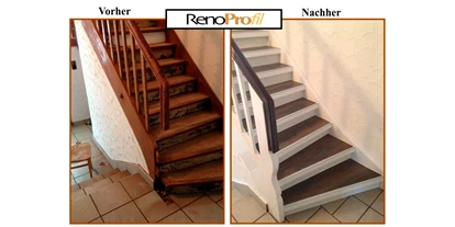 Händler - Gleisdorf - Treppenrverkleidung leicht gemacht. Hier sehen Sie Vorher und Nachher Bilder einer in die Jahre gekommen Treppe welche mit unseren STANDARD 8,5 Treppenkantenprofilen und Laminat in 8 mm Stärke neu belegt wurde. - RenoShop Renovierungssysteme