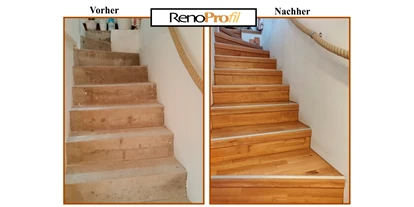 Händler - Gleisdorf - Hier sehen Sie eine Betontreppe welche mit unserem RenoProfil MULTIVERSAL verkleidet worden ist. Als Bodenbelag wurde ein Parkett mit 12 mm Stärke in Kombination mit den RenoProfil Holzblenden verwendet. - RenoShop Renovierungssysteme