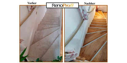 Händler - Gleisdorf - Hier sehen Sie eine Betontreppe welche mit unserem RenoProfil MULTIVERSAL verkleidet worden ist. Als Bodenbelag wurde ein Parkett mit 12 mm Stärke in Kombination mit den RenoProfil Holzblenden verwendet. - RenoShop Renovierungssysteme