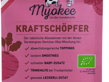 MYOKEE - Die Bio Hundeküche Produkt-Beispiele KRAFTSCHÖPFER - eine himmlische Mischung aus rote Beete, Himbeeren, Hagebutte, Gerstengras, Kürbis