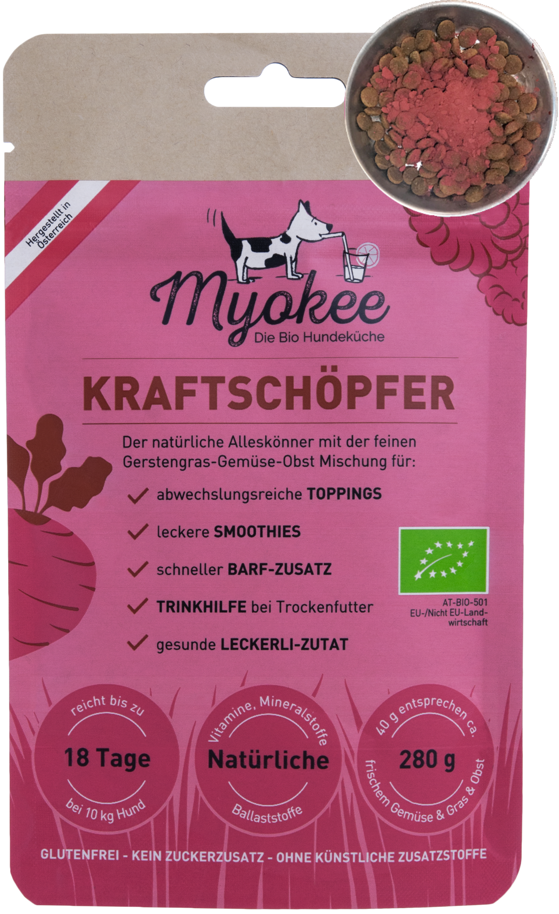 MYOKEE - Die Bio Hundeküche Produkt-Beispiele KRAFTSCHÖPFER - eine himmlische Mischung aus rote Beete, Himbeeren, Hagebutte, Gerstengras, Kürbis