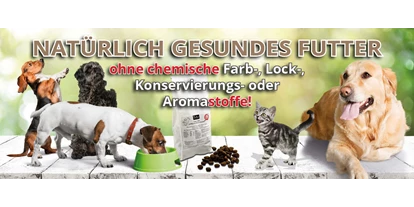 Händler - Großwilfersdorf - Das Bild zeigt verschiedene Katzen und Hunde, welche Fedor® Tiernahrung genießen. Geschrieben steht „Gesund schmausen und nie mehr bezahlen – klingt lecker!!      - Fedor® Tiernahrung