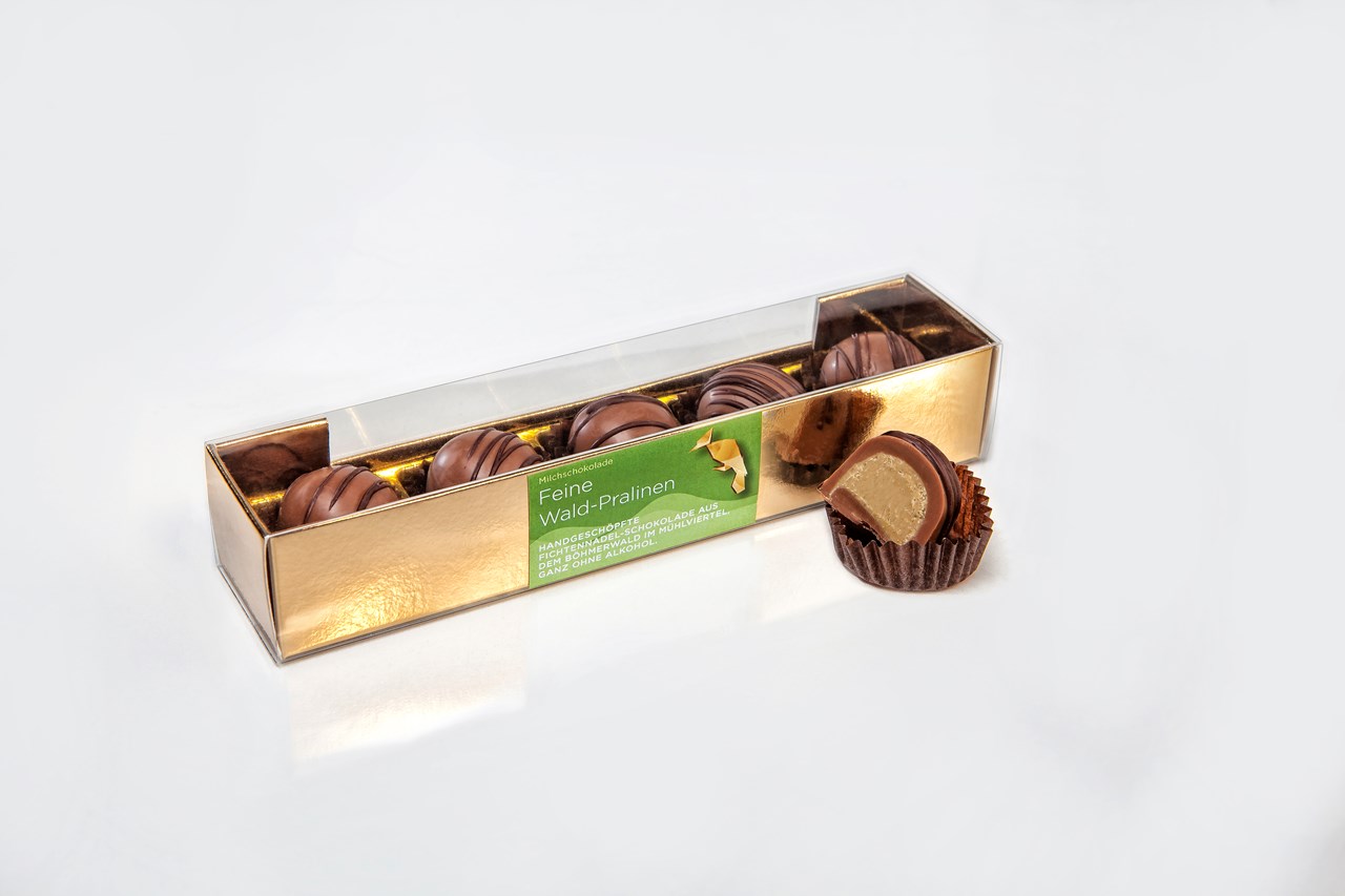 FEINE bioWALDSCHOKOLADE Produkt-Beispiele Pralinen Milchschokolade 5-er Feine bio-Waldschokolade