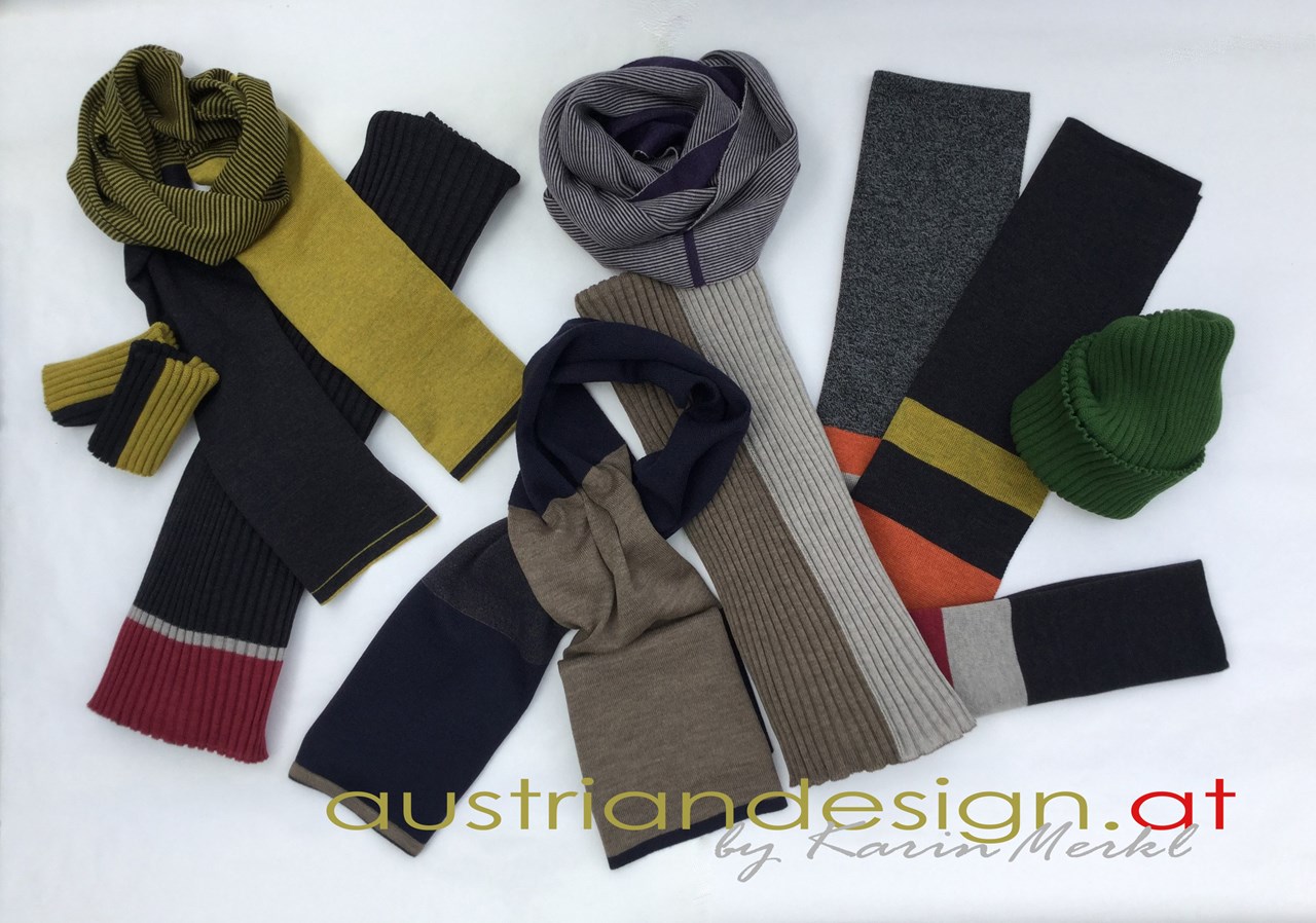 Schauraum für angewandte Kunst Produkt-Beispiele Schals und wandelbare one size Kleidung von austriandesign.at
