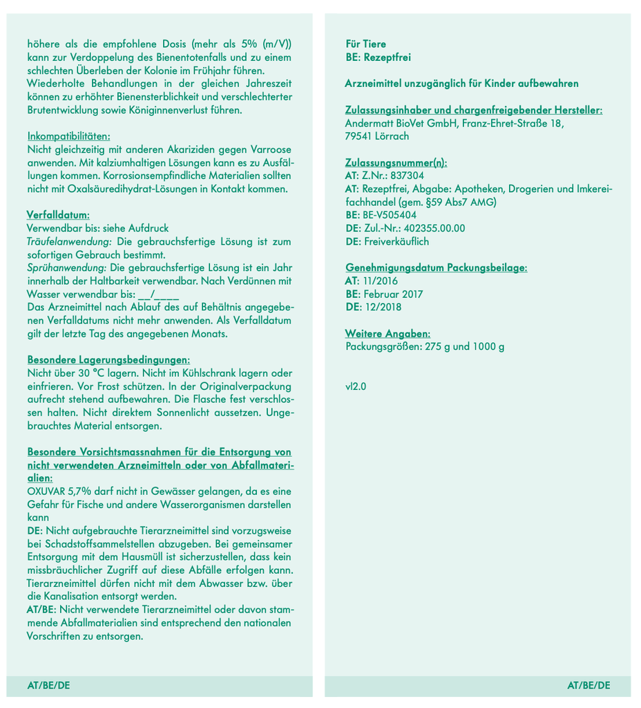 Artikel: Oxuvar 5,7% Oxalsäurekonzentrat 275g Sprühbehandlung gegen Varroa von Andermatt BioVet