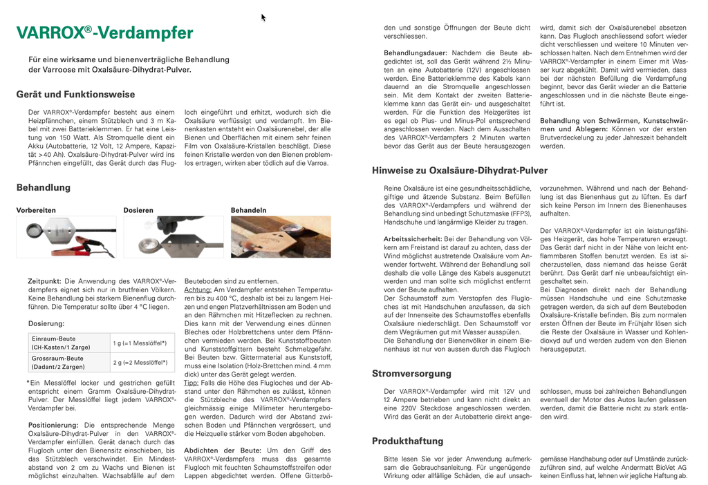 Artikel: Varrox Verdampfen mit Oxalsäure gegen Varroa von Andermatt BioVet