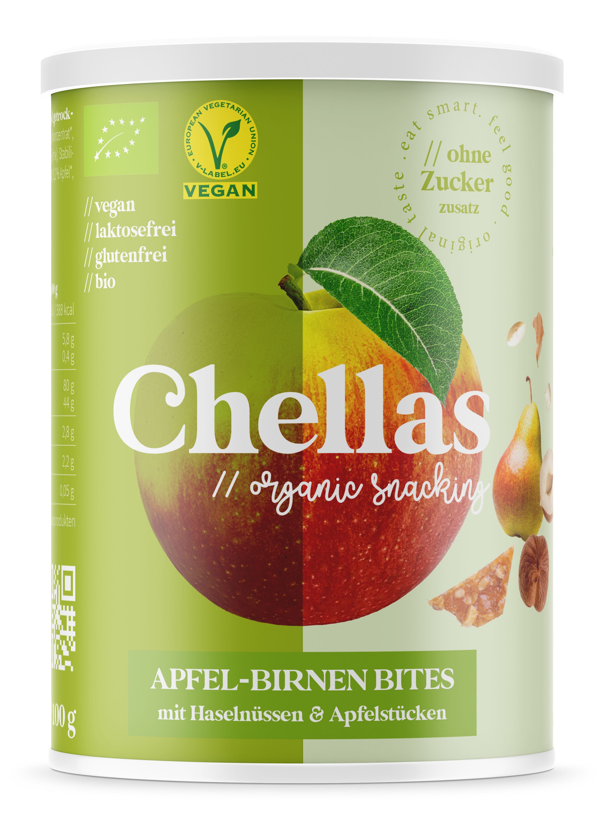 CHELLAS // organic snacking (MAIAS OG) Produkt-Beispiele CHELLAS // organic snacking APFEL-BIRNEN BITES mit Haselnüssen & Apfelstücken