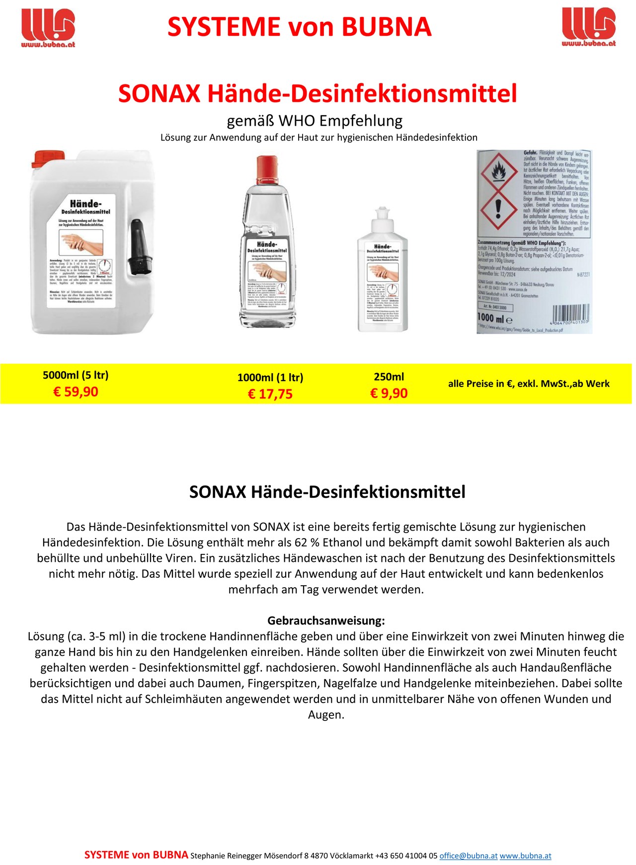 BUBNA Systeme  Produkt-Beispiele Desinfektionsmittel