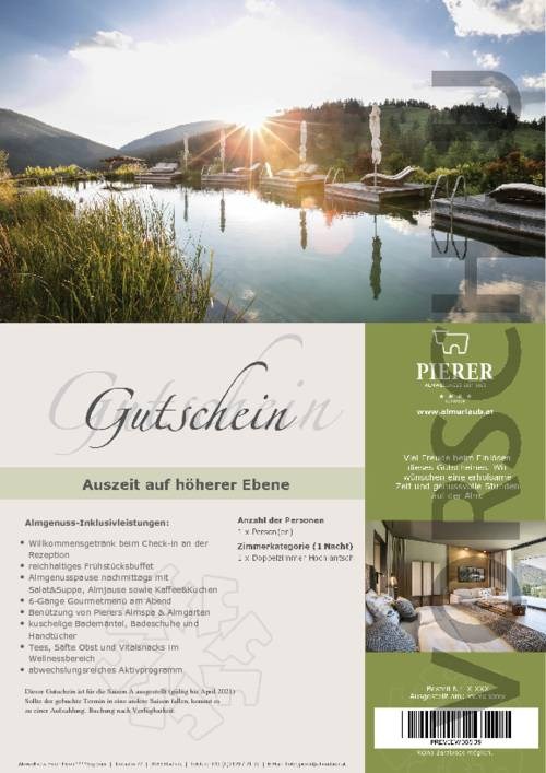 Almwellness Hotel Pierer Produkt-Beispiele Nächtigungsgutschein