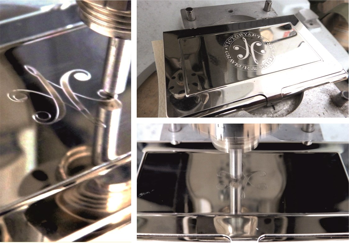 Unternehmen: Gravurbeispiel: CNC-gesteuerte Diamantgravur auf verchromtem Etui - VictoryArts Schilder-Werkstatt-Steyr