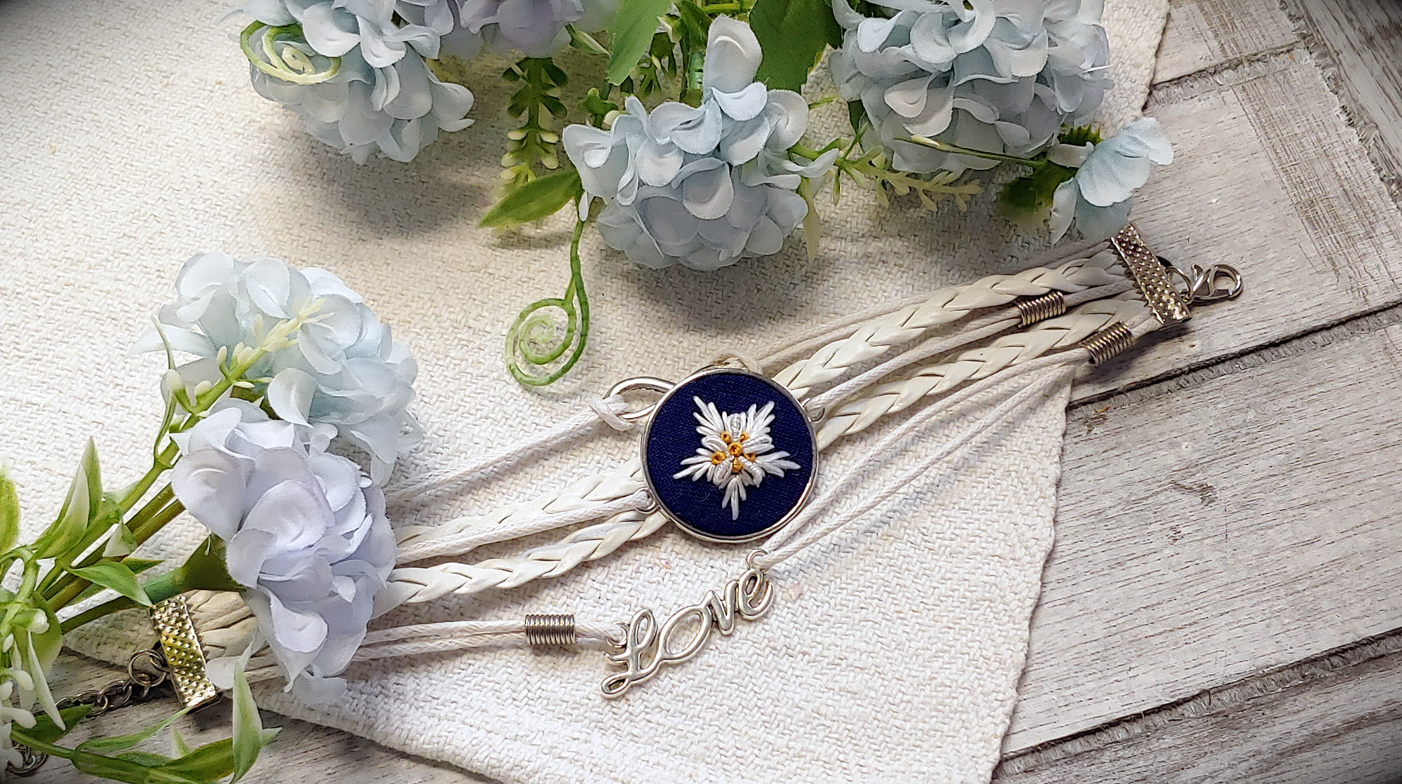 Alte Fäden - Historische Stickerei & Textile Accessoires Produkt-Beispiele Lederarmband mit Edelweiß