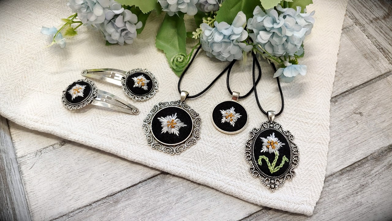 Alte Fäden - Historische Stickerei & Textile Accessoires Produkt-Beispiele Trachten-Schmuckset mit Edelweiß