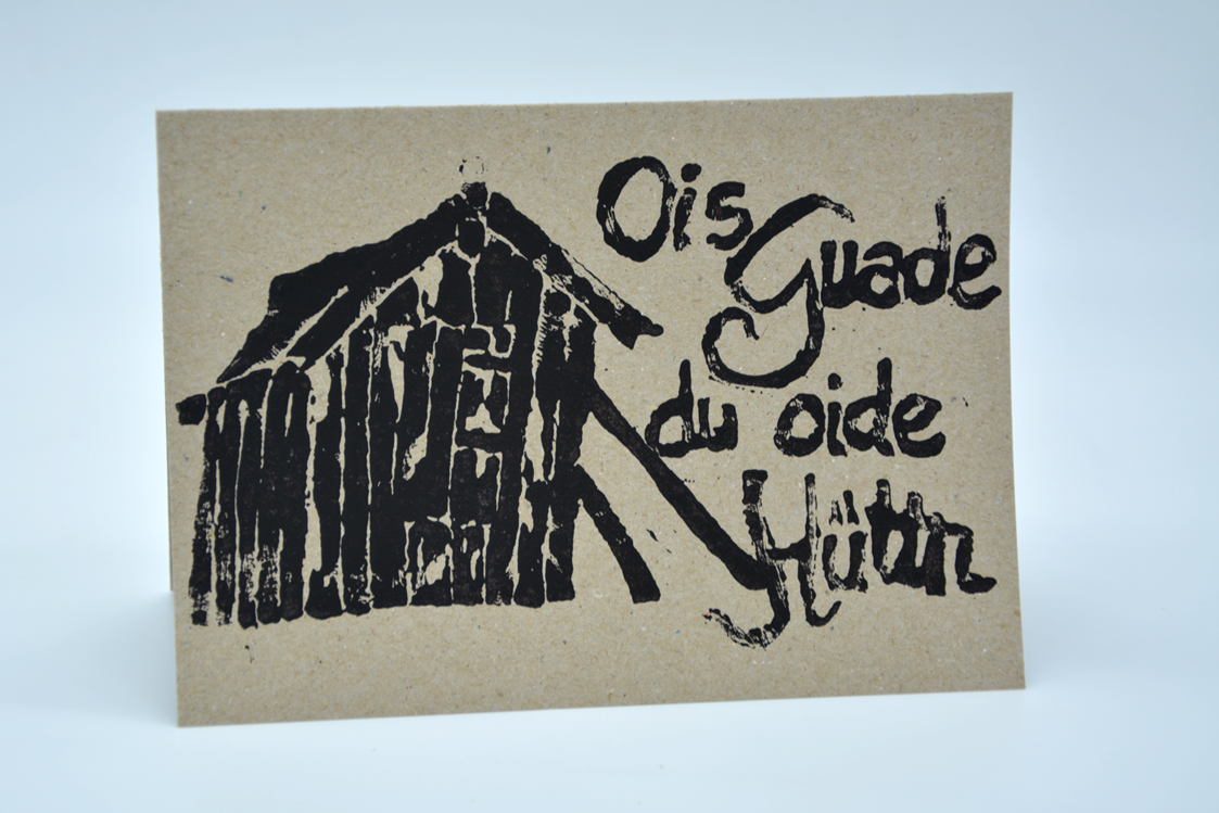 Unternehmen: Handbedruckte Geburtstagskarte mit Schiftzug "Ois Guade du oide Hüttn" - Nuggetz