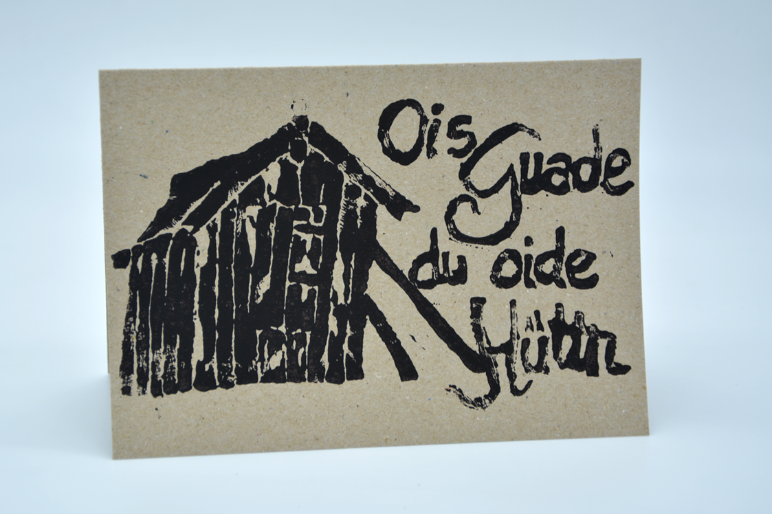 Unternehmen: Handbedruckte Geburtstagskarte mit Schiftzug "Ois Guade du oide Hüttn" - Nuggetz