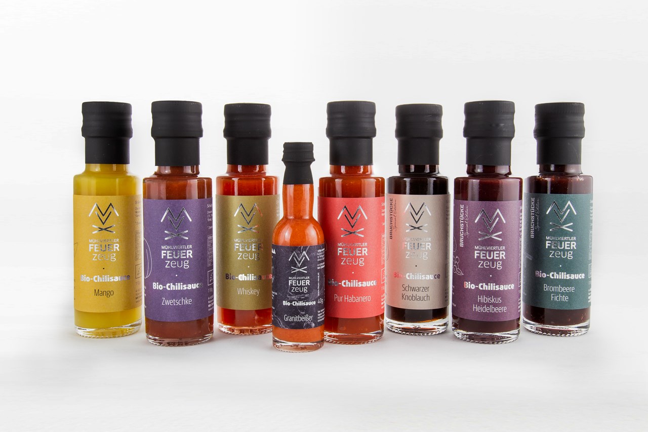 MV Chili-Manufaktur GmbH Produkt-Beispiele Bio-Chilisaucen "Mühlviertler FEUERzeug"