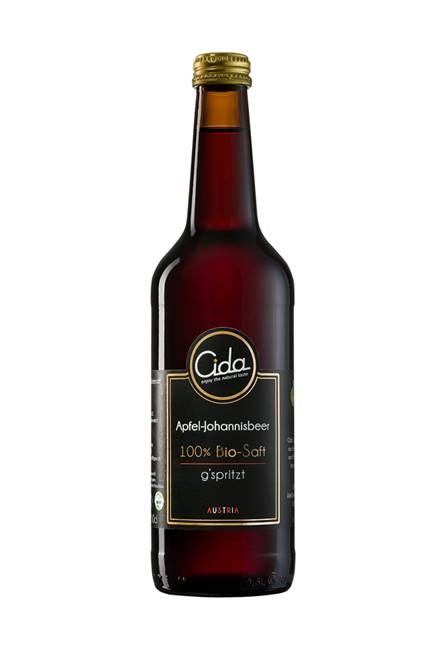 Cida e.U. Produkt-Beispiele Bio-Saft Apfel-Johannisbeere gespritzt (mit Kohlensäure) in der 50 cl Flasche oder 33 cl Flasche