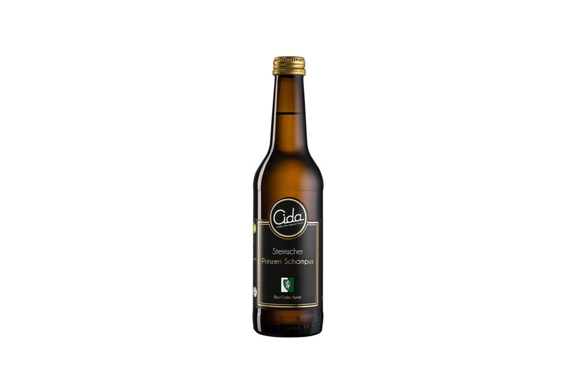 Unternehmen: Bio-Apfel-Cider "SteirischerPrinzenSchampus"
0,33 l Flasche mit Schraubverschluss - Cida e.U.