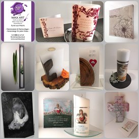 Direktvermarkter: Wax Art - macht aus deinen Ideen/Fotos/Texten Erinnerungen/Geschenke aus Wachs
Wachsmalerei, Wachscollagen, Kerzen mit Holz, Kerzendesign für jeden Anlass - Wax Art