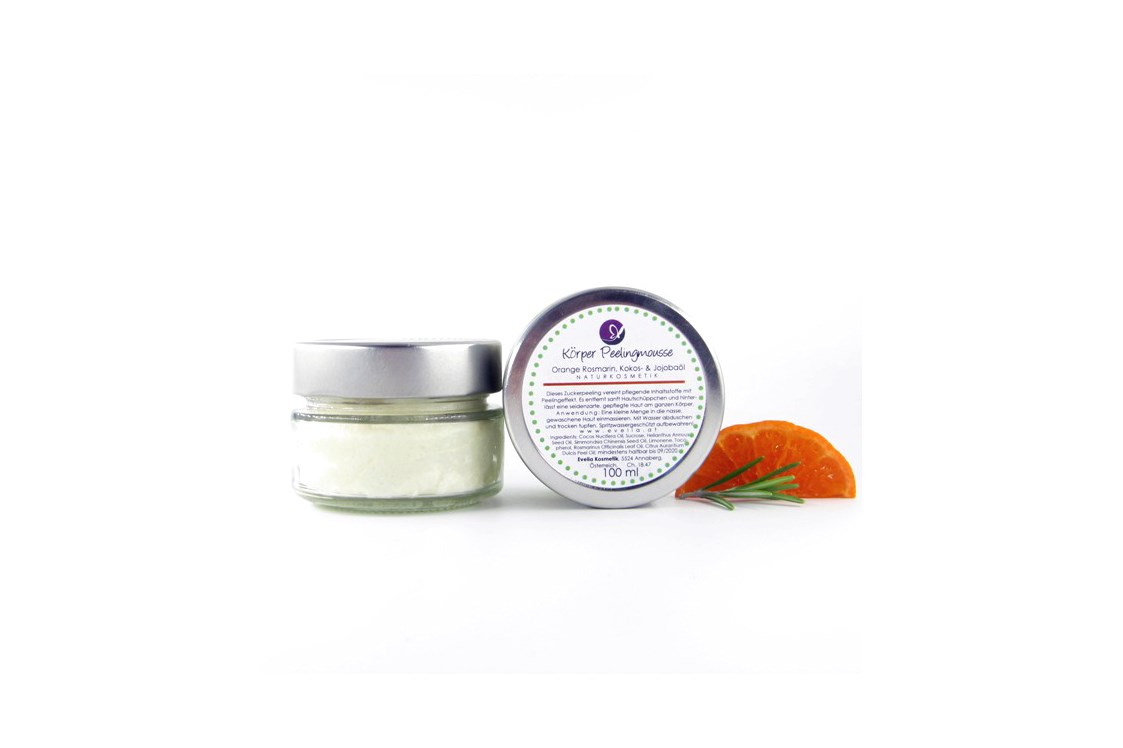 Unternehmen: KörperPeelingMousse Orange Rosmarin - Evelia Kosmetik - Naturkosmetik handgemacht
