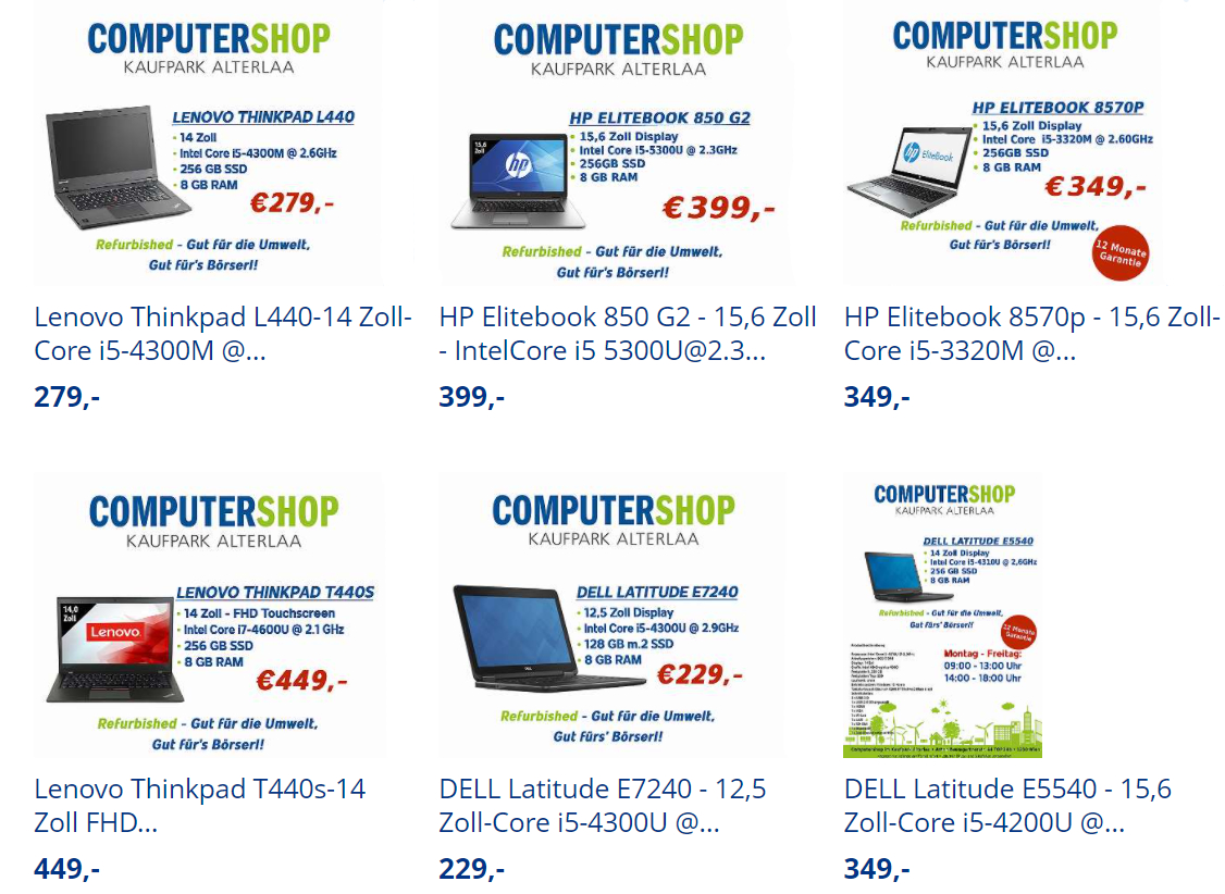 Computershop Kaufpark Alterlaa Produkt-Beispiele refurbished IT mit 12 Monaten Garantie ab 229€